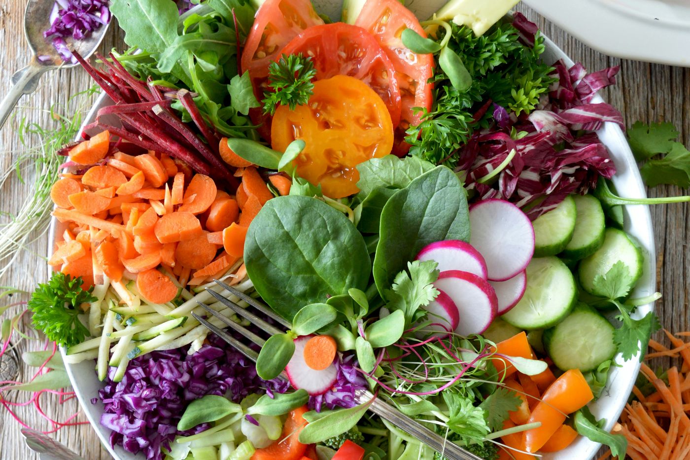 A colorful salad of greens, tomatoes, radishes, cucumber and avocado